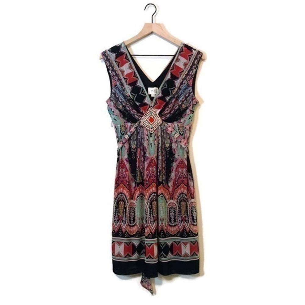 eci New York Bobo Beaded Plunge V Neck Sleeveless Dress Women’s Size 12 Large